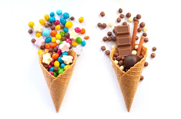 Two Ice Cream Waffle Cones Different Candy Isolated White Background — Foto Stock