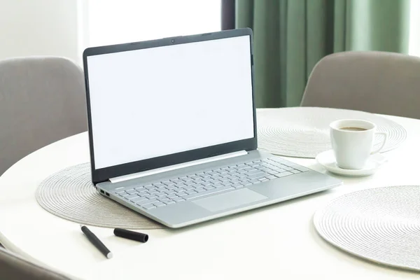 Open Laptop Computer Blank White Monitor Screen Mockup Home Office — Stockfoto