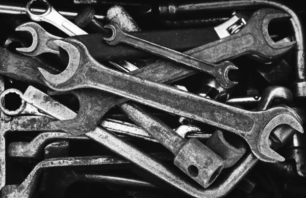 Toolbox of different hand tools at garage. Top view