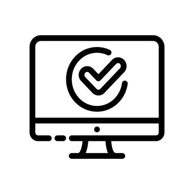 Onaylanmış onay işareti renk çizgisi simgesine sahip bilgisayar. Başarılı kayıt, güncelleme veya indirme kavramı. Anlaşma, onaylama unsuru. Vektör izole nesne.