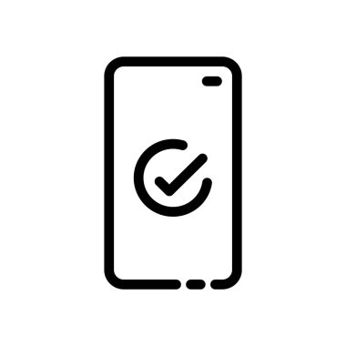 Akıllı telefon ve işaret renk çizgisi simgesi. Onaylanmış kene bildirimi, başarılı güncelleme işareti fikri, kabul edilmiş kavram. Web sayfasını imzala, mobil uygulama. Vektör izole nesne.