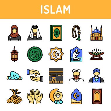 İslam renk çizgisi simgeleri belirlendi. Web sayfası, mobil uygulama, düğme işaretleri. Düzenlenebilir vuruş.