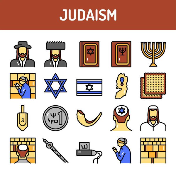 Judaism line icons set. Isolated vector element. Outline pictograms for web page, mobile app, promo. Editable stroke.