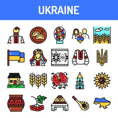 Ukrayna renk çizgisi simgeleri ayarlandı. Web sayfası, mobil uygulama, düğme işaretleri. Düzenlenebilir vuruş.