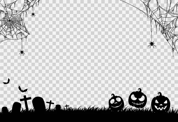 Fondo Fiesta Halloween Con Arañas Telarañas Calabazas Murciélagos Cementerio Aislado — Vector de stock