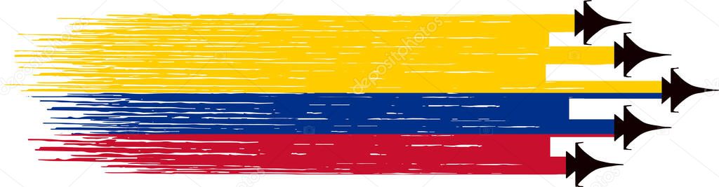 Colombia flag with military fighter jets isolated on png or transparent ,Symbols of Colombia,template for banner,card,advertising,poster, and business matching country, vector illustration