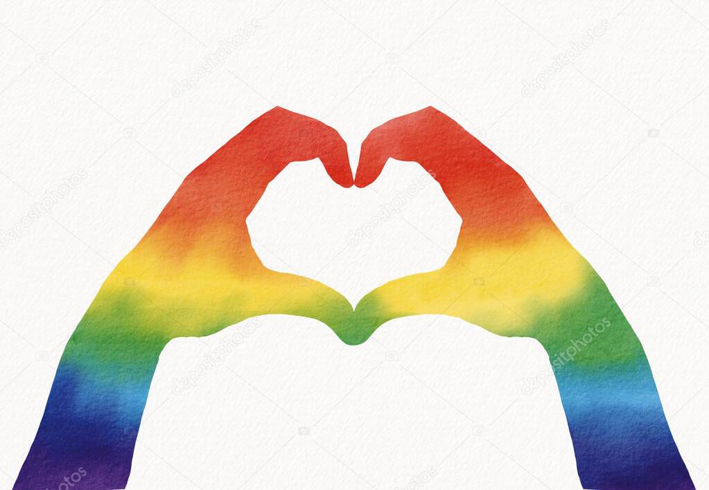  Hands in the form of heart with  rainbow flag brush style.LGBT  Pride month watercolor texture concept