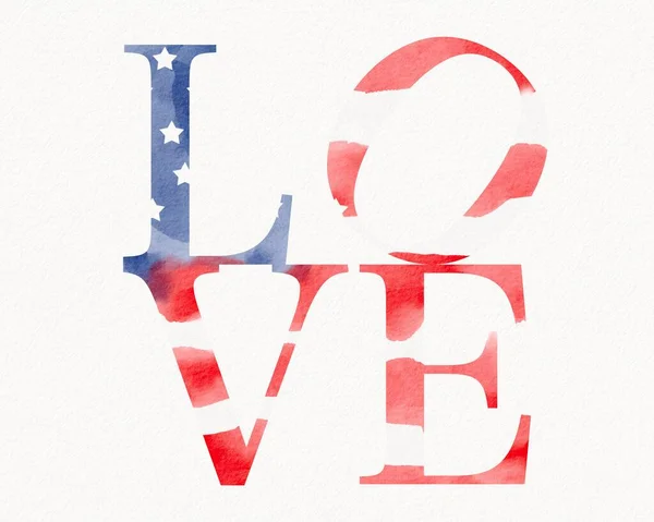 American Flag Love Text Watercolor Brush Paint Textured — Stockfoto