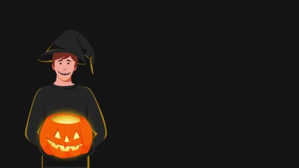 Мужчина Носит Костюм Хэллоуина Провести Блестящие Тыквы Черном Фоне — стоковое видео