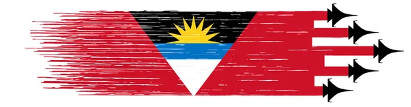 Bandera Antigua Barbuda Con Aviones Combate Militares Aislados — Vector de stock