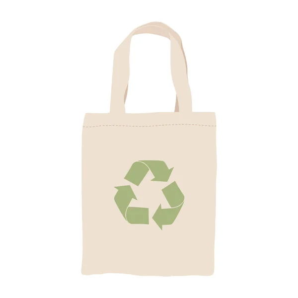 Fabric Reusable Beige Eco Bag Green Recycling Symbol White Background — 스톡 벡터