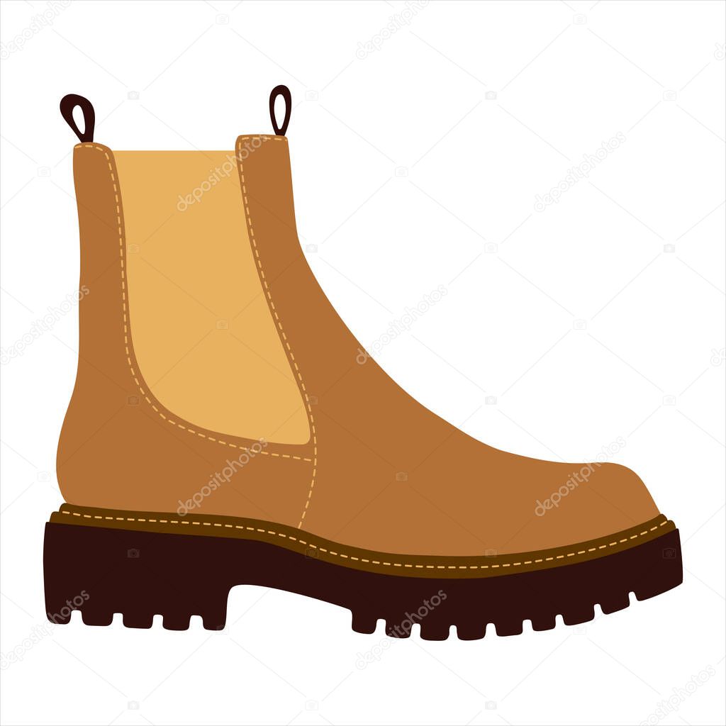 Women's autumn trendy brown chelsea boot isolated on white. Fashion shoes. Flat vector illustration