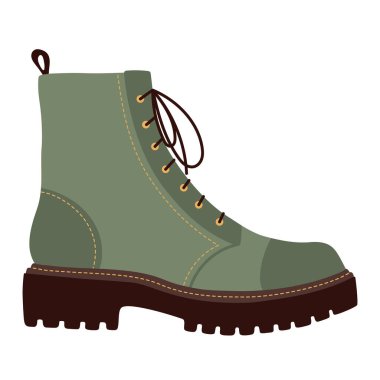 Women's autumn trendy khaki lace-up boots with tractor soles isolated on white. Fashion shoes. Flat vector illustration