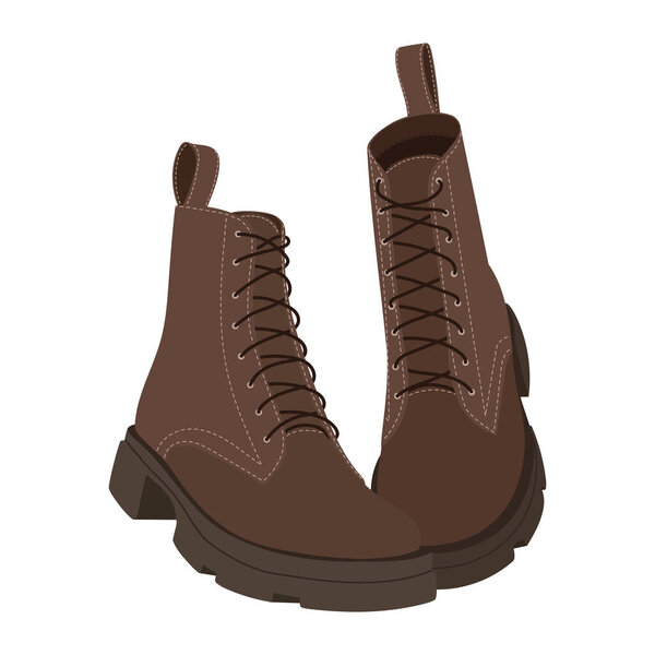 Женские осенние модные коричневые кружевные сапоги с массивными подошвами, изолированными на белом. Модные туфли. Векторная иллюстрация