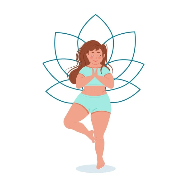 Ragazza grassa che fa yoga. Ragazza carina con lentiggini medita. Illustrazione vettoriale — Vettoriale Stock