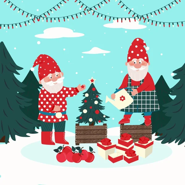 Δύο ξωτικά στολίζουν ένα χριστουγεννιάτικο δέντρο. Διανυσματικοί χαρακτήρες σε επίπεδο στυλ, κινούμενα σχέδια — Διανυσματικό Αρχείο