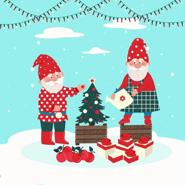 Δύο Ξωτικά Στολίζουν Ένα Χριστουγεννιάτικο Δέντρο Διανυσματικοί Χαρακτήρες Επίπεδο Στυλ — Διανυσματικό Αρχείο