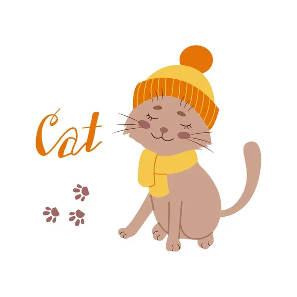 Gato bonito em um chapéu de inverno. Ilustração vetorial de desenhos animados plana — Vetor de Stock