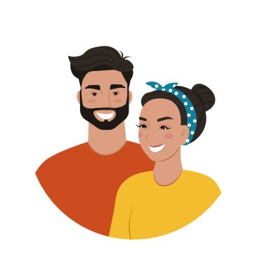 Güzel bir çift, genç bir kadın ve erkek, portreler. Düz biçimli vektör illüstrasyonu