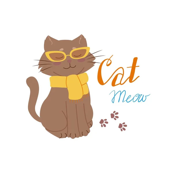 Gato bonito em óculos e cachecol. Ilustração vetorial de desenhos animados plana — Vetor de Stock