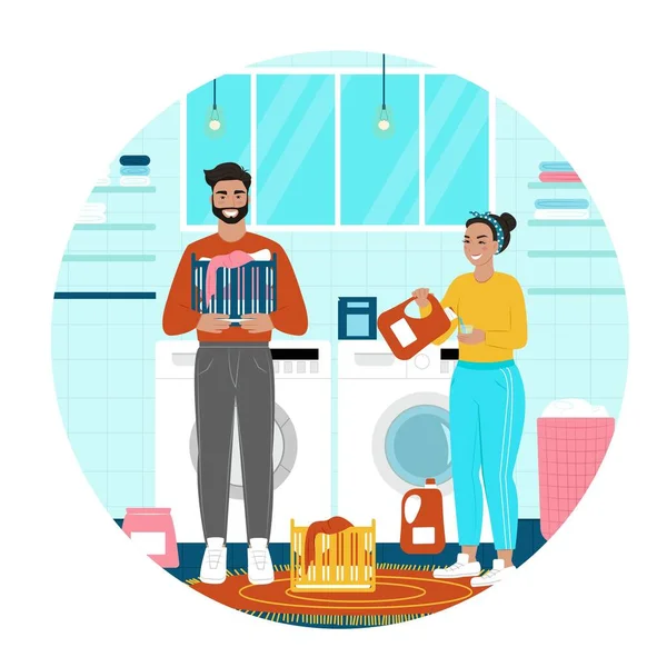 Mujer feliz lavandera. El hombre ayuda a la mujer a lavarse. Ilustración vectorial en estilo plano de dibujos animados — Vector de stock