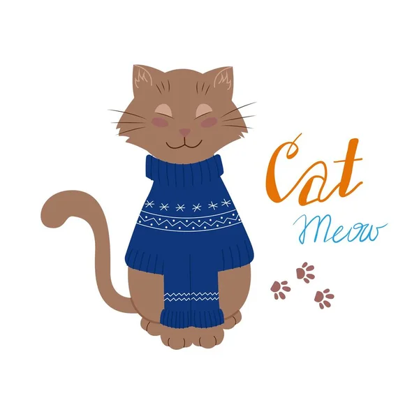 Gato bonito em uma camisola de inverno. Ilustração vetorial de desenhos animados plana — Vetor de Stock
