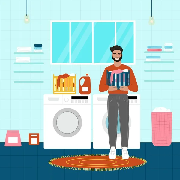 Hombre feliz lavandería. Hombre a lavar. Ilustración vectorial en estilo plano de dibujos animados — Vector de stock