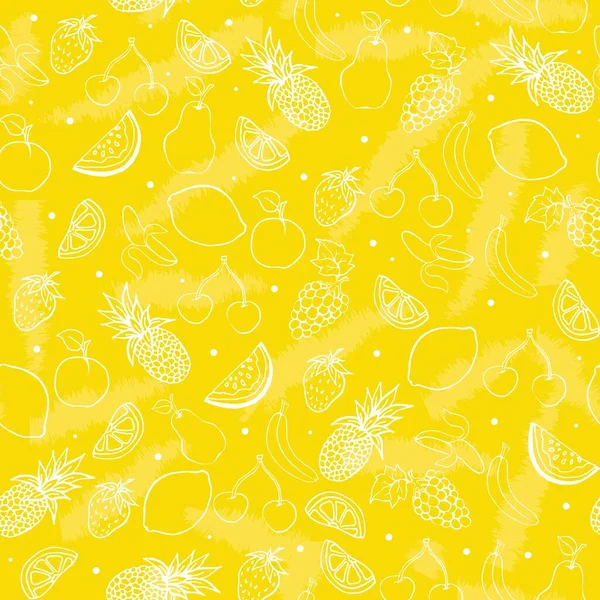 Pola buah dalam latar belakang kuning gaya corat-coret. Vektor ilustrasi gambar tangan - Stok Vektor