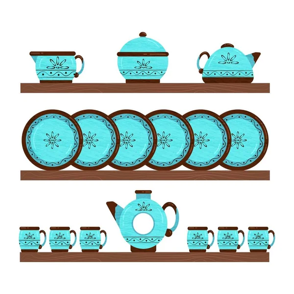 Conjunto de utensílios de cozinha de cerâmica. Utensílios em prateleiras de madeira. Ilustração vetorial. —  Vetores de Stock