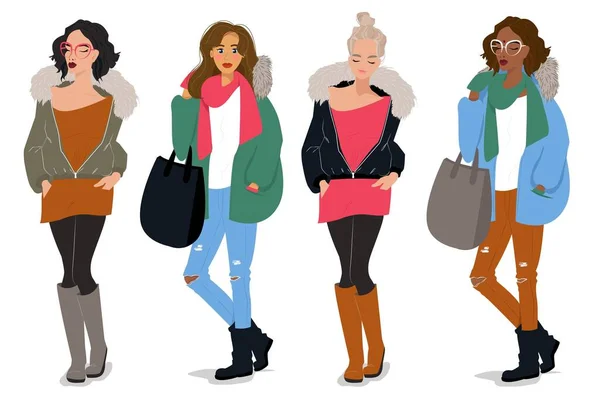 Jovens mulheres modernas de diferentes nacionalidades, indianas, asiáticas, europeias. Ilustração vetorial em estilo plano — Vetor de Stock