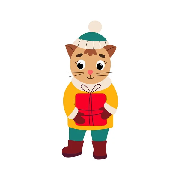 Cute cat in winter clothes with a gift in his hands. Vector illustration in flat style. Isolate — Vetor de Stock