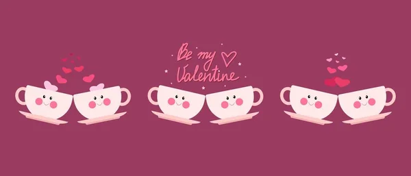 Seth Dos tazas rosadas lindas con caras, día de San Valentín. Ilustración vectorial en estilo plano de dibujos animados — Archivo Imágenes Vectoriales