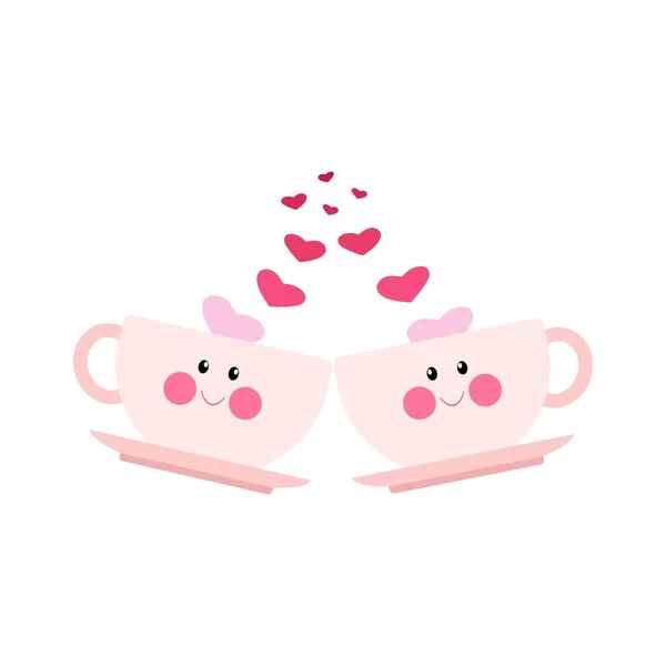 Due tazze rosa carino con il viso, San Valentino. Illustrazione vettoriale in stile fumetto piatto — Vettoriale Stock