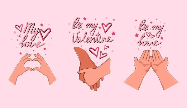 Dos manos símbolos románticos para el día de San Valentín conjunto, ser mi texto de San Valentín. Ilustración vectorial — Archivo Imágenes Vectoriales