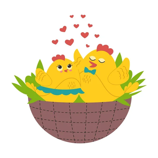 Dos lindos polluelos amarillos pareja romántica en una canasta. Ilustración vectorial — Archivo Imágenes Vectoriales