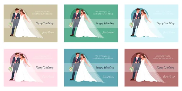 Serie di cartoline Happy Newlyweds. La sposa tiene per mano gli sposi. Illustrazione vettoriale — Vettoriale Stock