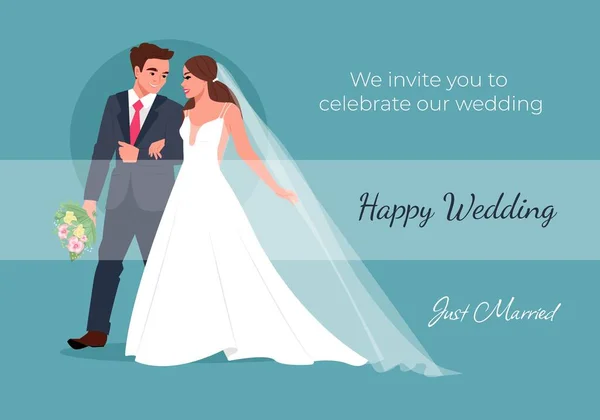 Gelukkige bruiden gaan hand in hand glimlachen. Huwelijksuitnodiging. Vector illustratie in platte cartoon stijl — Stockvector