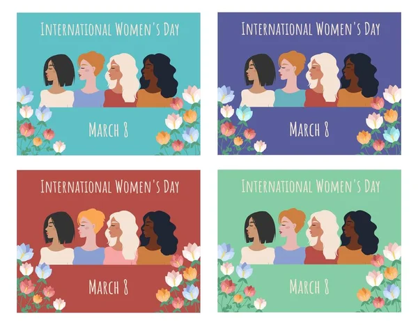 Képeslapok a Nemzetközi Nőnapra. Különböző nemzetiségű nők virágokkal. Vektorillusztráció — Stock Vector
