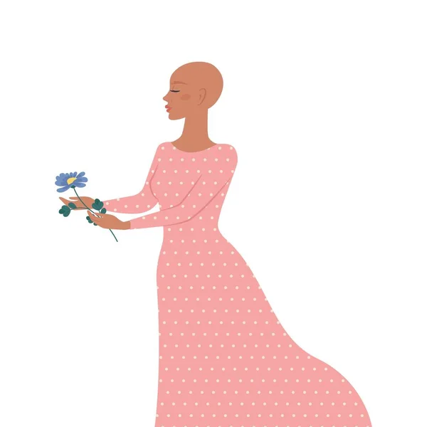 彼女の手に花と長いドレスで髪の毛のない女性。ベクターイラスト — ストックベクタ