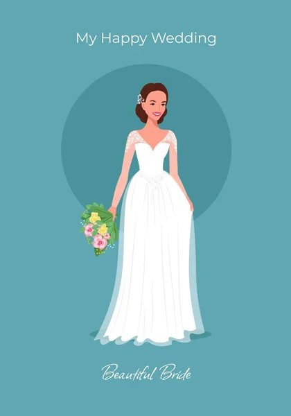 Braut in einem schönen Kleid mit einem Strauß von Grußkarten. Hochzeitseinladung. Vektorillustration im flachen Cartoon-Stil — Stockvektor
