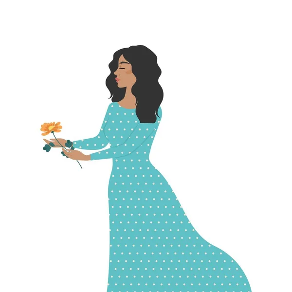 Schöne Frau in einem langen Kleid mit einer Blume in den Händen. Vektorillustration — Stockvektor