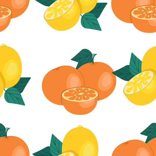 レモンとオレンジのシームレスなパターン、柑橘類のジューシーな果物。ベクトルイラスト。果実｜print — ストックベクタ