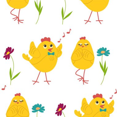 Farklı şekillerdeki sevimli sarı civcivler kusursuz poz veriyor, kuşlar ve çiçekler, kelebekler. Vektör illüstrasyonu