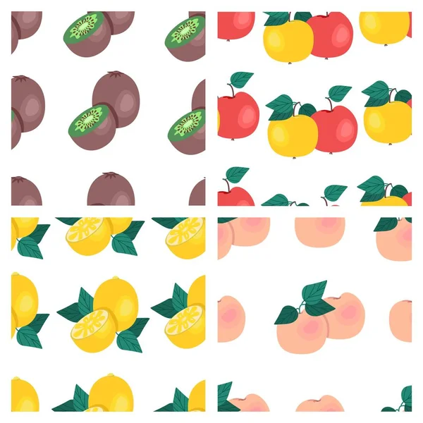 Conjunto de patrones sin costura de frutas. Kiwi, manzanas, melocotones, limones, huellas de frutas. Ilustración vectorial — Vector de stock
