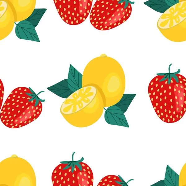 Lemons and strawberries seamless pattern. Vector illustration in flat style. Fruit print - Stok Vektor