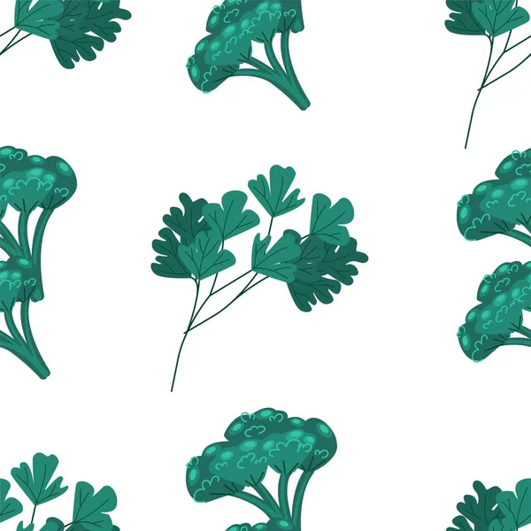 Le brocoli et le persil verts laissent un motif sans couture. Impression de légumes, illustration vectorielle dans un style plat — Image vectorielle