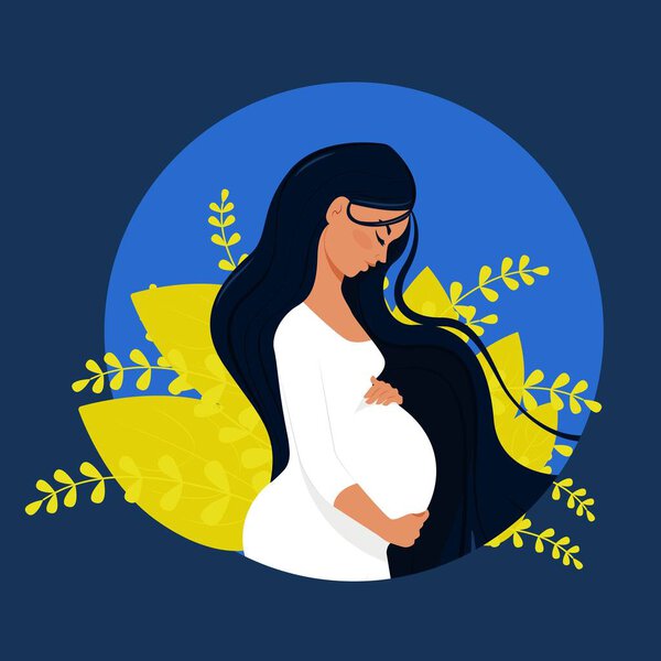 Pregnant upset Ukrainian woman on a background of blue-yellow colors, vector illustration in flat style