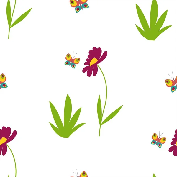 Flowers and butterflies, daisies spring nature seamless pattern. Gerberas. Vector illustration — Wektor stockowy