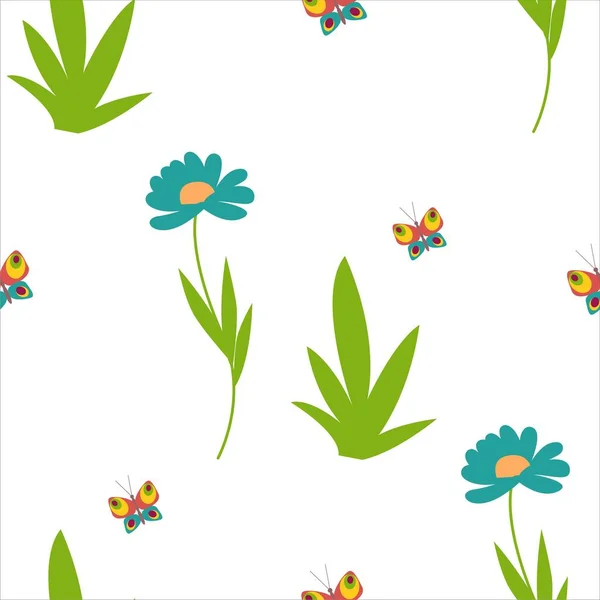 Flowers and butterflies, daisies spring nature seamless pattern. Gerberas. Vector illustration — Wektor stockowy