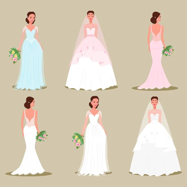 Conjunto de noivas em belos vestidos e penteados com buquês em suas mãos. Ilustração vetorial —  Vetores de Stock